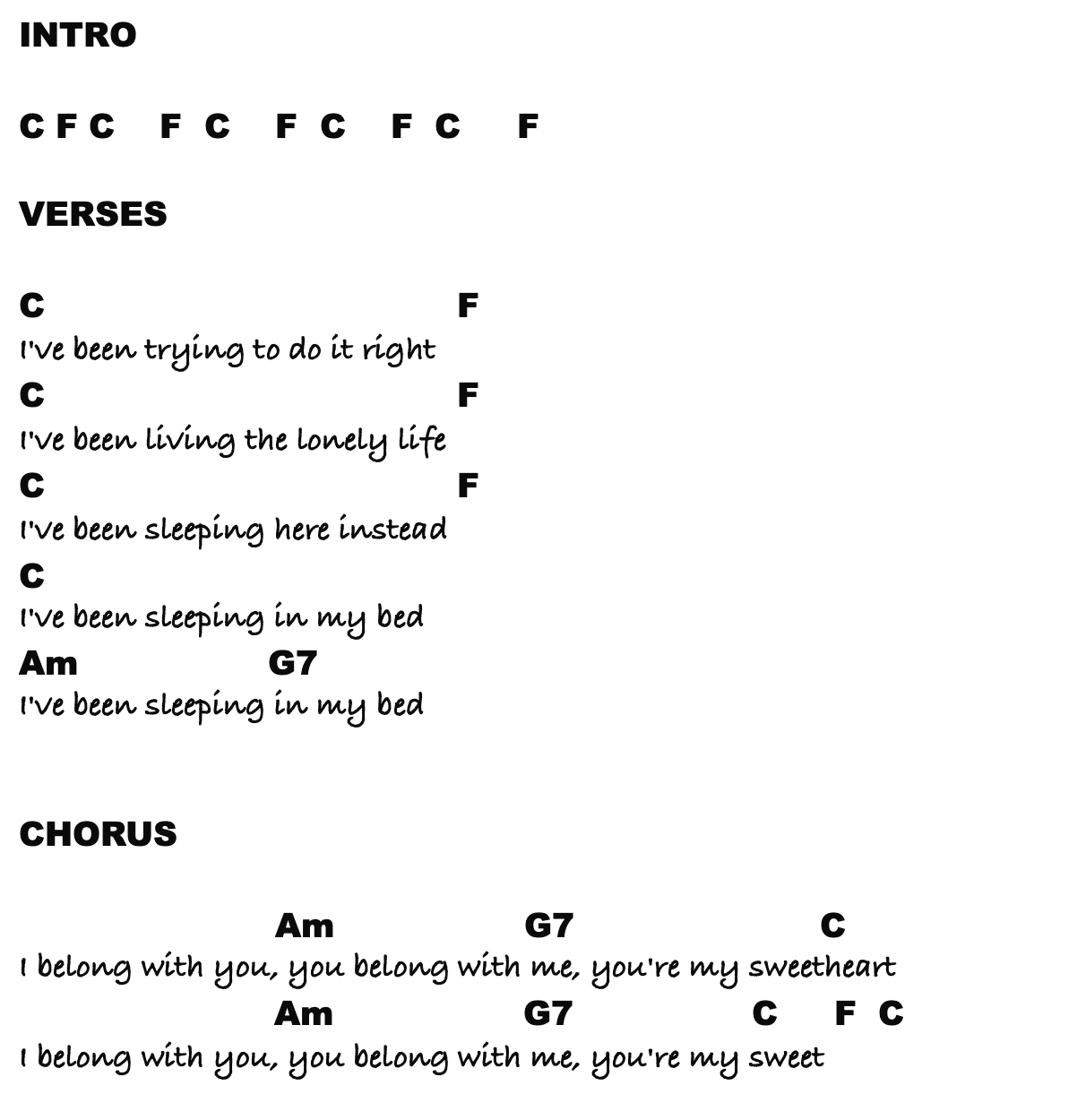 Chords and Lyrics to Hey Ho for Easy Ukulele in C
