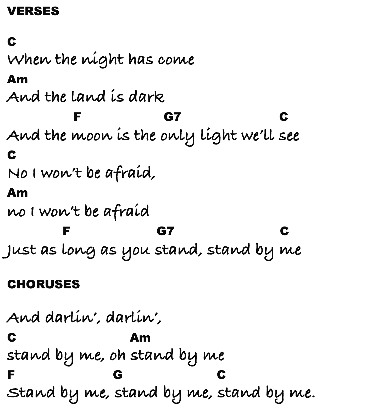 Chords and Lyrics to Stand by Me for Easy Ukulele in C major